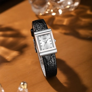 GEDI vintage square dial watch with black pebble leather strap for women's luxury style