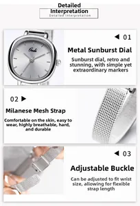 Detail view of silver sunray dial with sleek mesh strap and adjustable watch clasp