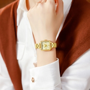 Vintage gold square quartz watch for women with 3D floral relief dial and steel strap