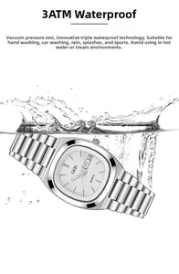 Detail shot of silver stainless steel watch showing 3ATM water resistance capability