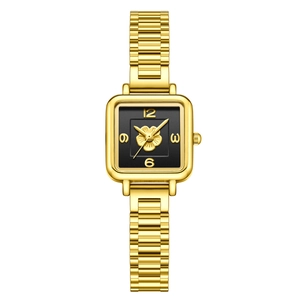 Elegant vintage black and gold square quartz watch with 3D camellia floral pattern dial