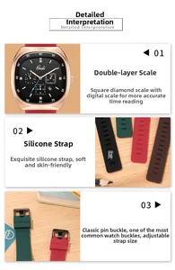 Vue détaillée du boîtier de montre ovale en or rose avec index diamant et bracelet silicone
