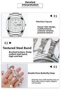 Detail view of oval stainless steel watch with calendar window and butterfly clasp