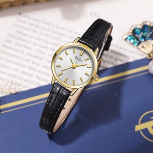 Elegant GEDI women's watch with gold case, silver sunray dial and black leather strap