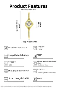 Détails de la montre GEDI vintage dorée, boîtier de 18mm et bracelet de 5mm de large