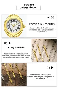 Detail view of the vintage white dial with Roman numerals and elegant golden link strap