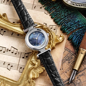 GEDI elegant quartz watch with blue mother of pearl dial and black leather strap