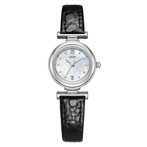 Women's quartz watch with pearl dial, silver case, and black stone-pattern leather strap