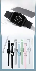 Close-up of square quartz watch with macaron silicone straps and minimalist dial