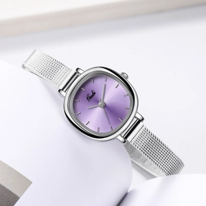 Elegant silver mesh strap quartz watch with minimalist purple sunray dial for women