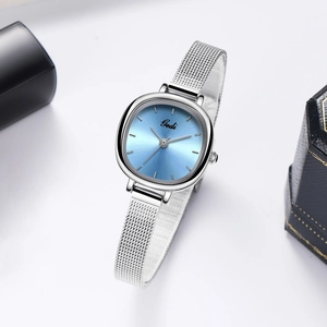 Elegant silver square quartz watch for women with light blue sunray dial and mesh strap