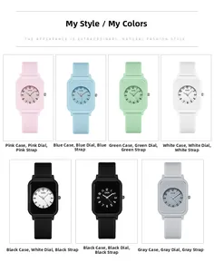 Flat lay of minimalist square quartz watches in seven colorful silicone strap options