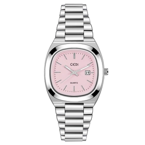 Elegant silver steel watch with oval light pink dial and date display window for women