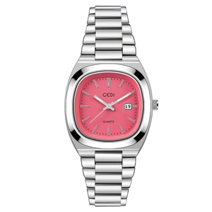 Elegant GEDI women's quartz watch with pink dial and silver stainless steel strap