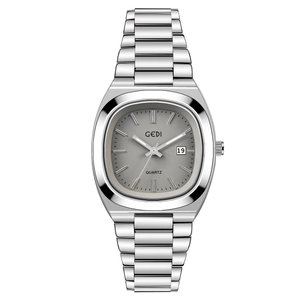 Silver stainless steel oval watch for women with charcoal dial and date display