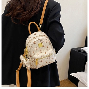 Detail of mini cat print backpack in white PU leather worn by a model from the back