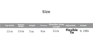 Size chart showing mini neck bag dimensions: 11x7x4cm with 51cm adjustable strap