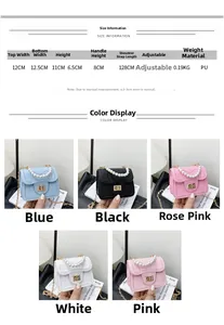Size chart showing mini pearl handbag dimensions and adjustable chain strap specifications