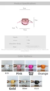 Detailed size specifications and color options for heart-shaped PU mini shoulder bags