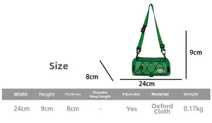 Guide des tailles montrant les dimensions 24x9x8cm du sac bandoulière vert en oxford