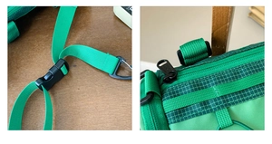 Détails du sac bandoulière enfant en nylon vert vif avec boucle et fermeture éclair en métal