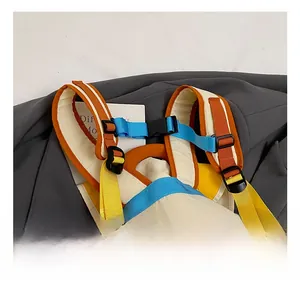 Detail of adjustable nylon shoulder straps with colorful contrast panels and plastic buckles