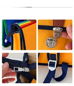 Détails du sac à dos patchwork coloré avec sangles arc-en-ciel et fermetures éclair