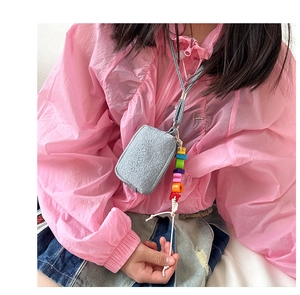 Kids grey textured fabric neck bag with colorful beads for earphones or small coins