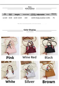 Detailed size specifications and color guide for mini PU handbag with silk scarf handle
