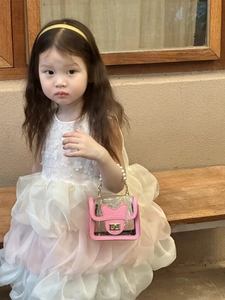 Détail du sac transparent rose avec poignée en perles et robe à fleurs élégante