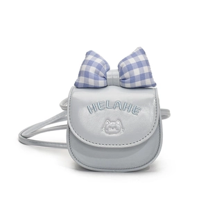 Mini light blue shoulder bag with plaid bow and cute cat embroidery for girls