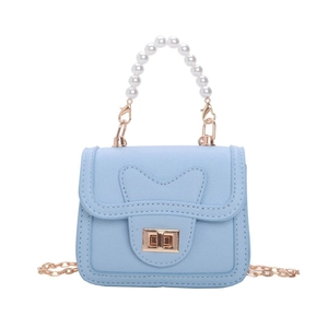 Mini sky blue pearl handle bag for girls featuring heart quilting and gold chain strap