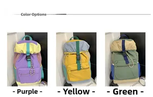 Detailed comparison of large capacity nylon backpacks in purple, yellow, and green colors