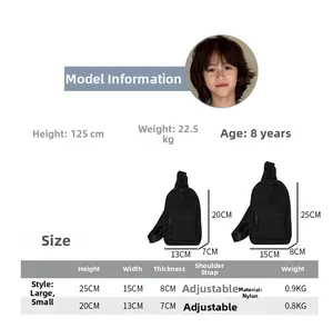 Guide des tailles détaillé pour sac de poitrine enfant en nylon avec deux dimensions