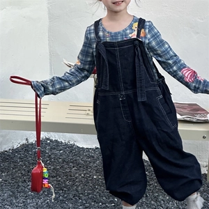 Kids trendy mini neck pouch and blue denim overalls set with stylish plaid shirt