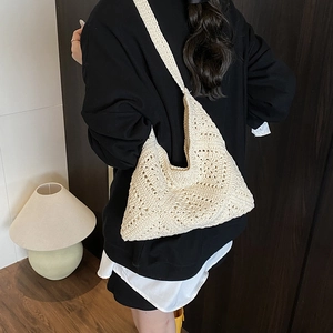 French romantic cream crochet shoulder bag with hollowed-out vintage pattern for women