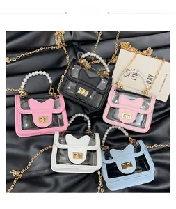 Sacs mini gelée transparents en PVC pour filles avec poignées en perles et chaînes dorées