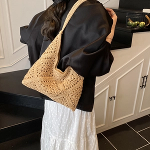 Beige French style crochet tote bag with hollow woven patterns for women's daily wear