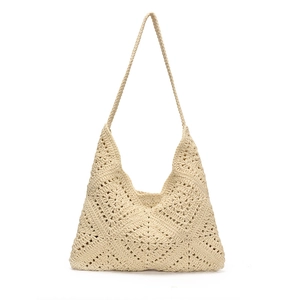 French crochet hobo bag with hollow diamond knit design and shoulder strap in beige