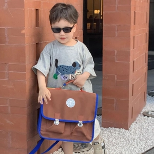 Sac à dos d'école rétro britannique marron avec bordure bleue et boucles pour enfants