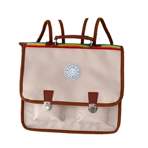 Sac à dos d'école vintage crème avec bordure marron et poignée arc-en-ciel