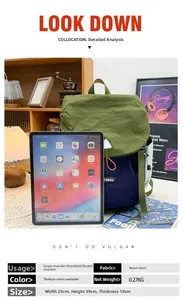Detail of a lightweight nylon backpack showing shoulder, hand, and back carrying modes