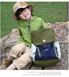 Close-up of a multicolor outdoor children's backpack with nylon fabric and logo details