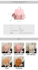 Size chart showing dimensions for a mini PU backpack with cute patterns and specifications