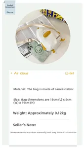 Detail view of cartoon duck canvas bag showing 15x5x19cm size and 0.12kg weight