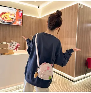 Vue arrière d'un mannequin portant un sac à bandoulière rose en forme de cochon avec ours