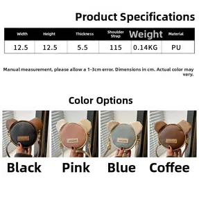 Detailed size chart and multi-color options for cartoon bear PU leather crossbody bag