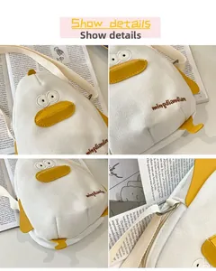 Detail shots of a white canvas duck bag featuring a yellow beak and zip closure