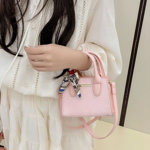 Pink stone texture handbag with decorative silk scarf and detachable shoulder strap