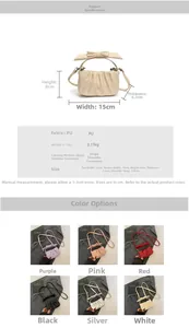 Mini pleated bow handbag specifications and dimensions with six color options displayed
